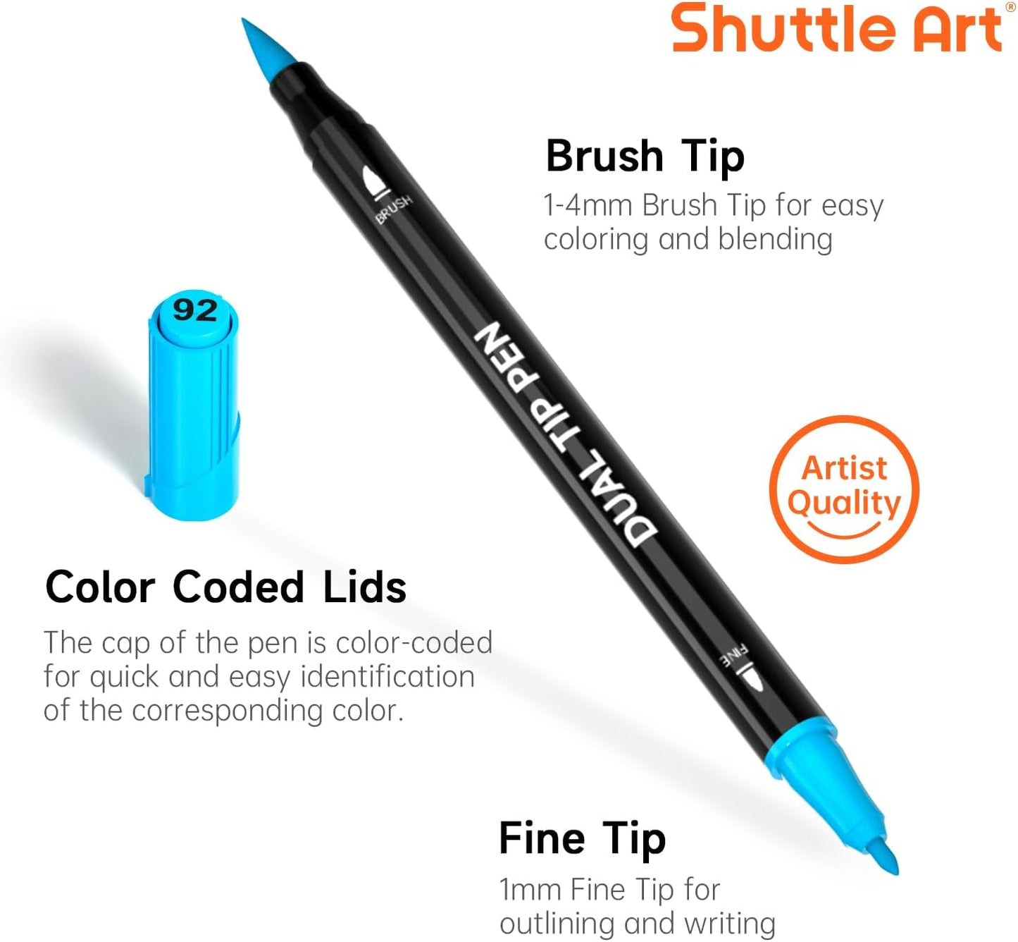 Shuttle Art Dual Tip Brush Pens, 96 Colours Fine and Brush Tip Markers Set with Pen Holder & 1 Colouring Book, Felt Tip Colouring Pens for Adults and Children Colouring Calligraphy Journal Doodling