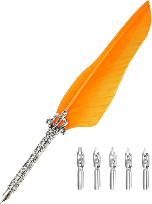 PATIKIL 26.5cm/10.4" Calligraphy Feather Quill Pen, Vintage Feather Dip Pen with 5 Replacement Nibs for Calligraphy Writing Wedding Office Gifts, Orange