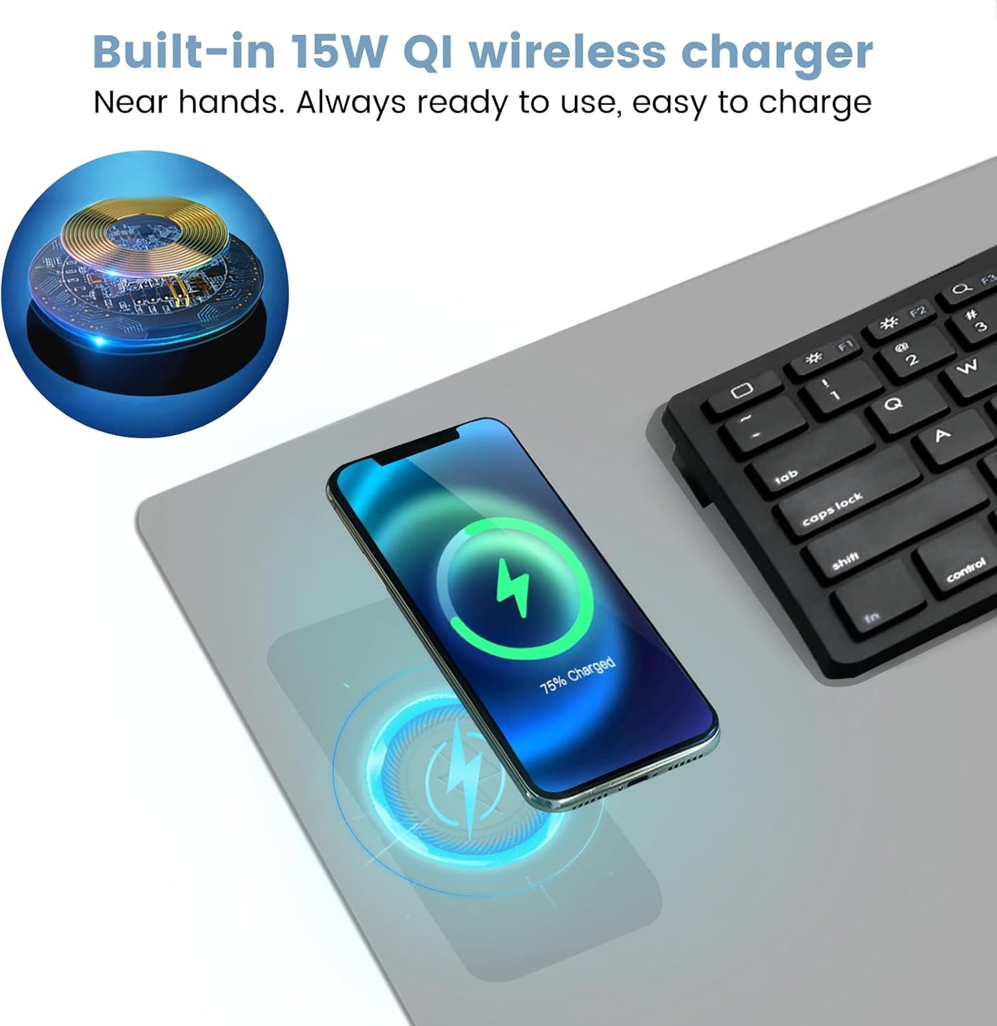 Desk Mat Wireless Charging Mouse Pad Large 32x16 Journey Desk Pad Mat with Wireless Charger Waterproof Grey Leather Computer Mat with Phone Charger Mousepad Non-Slip for Keyboard and Mouse