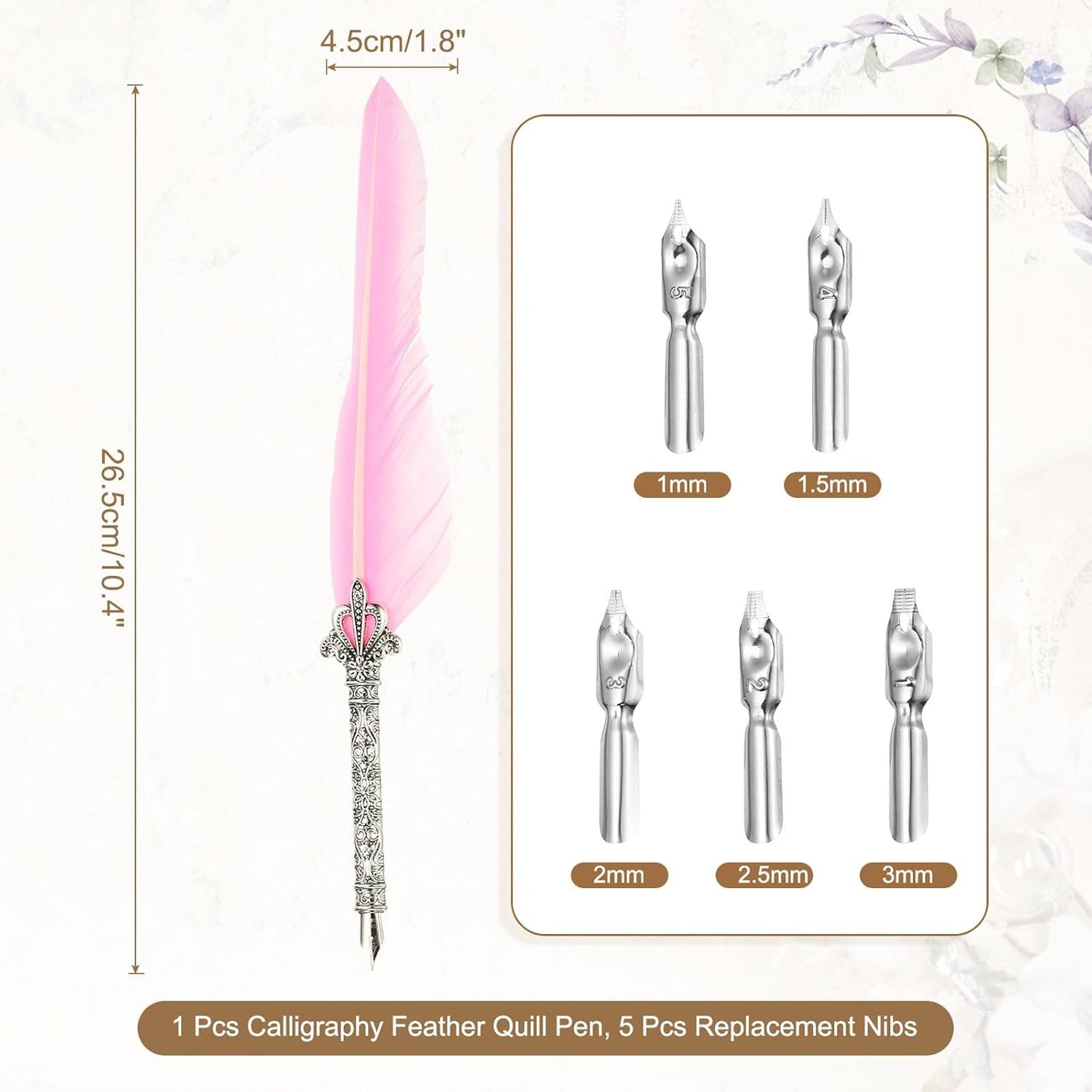 PATIKIL 26.5cm/10.4" Calligraphy Feather Quill Pen, Vintage Feather Dip Pen with 5 Replacement Nibs for Calligraphy Writing Wedding Office Gifts, Pink