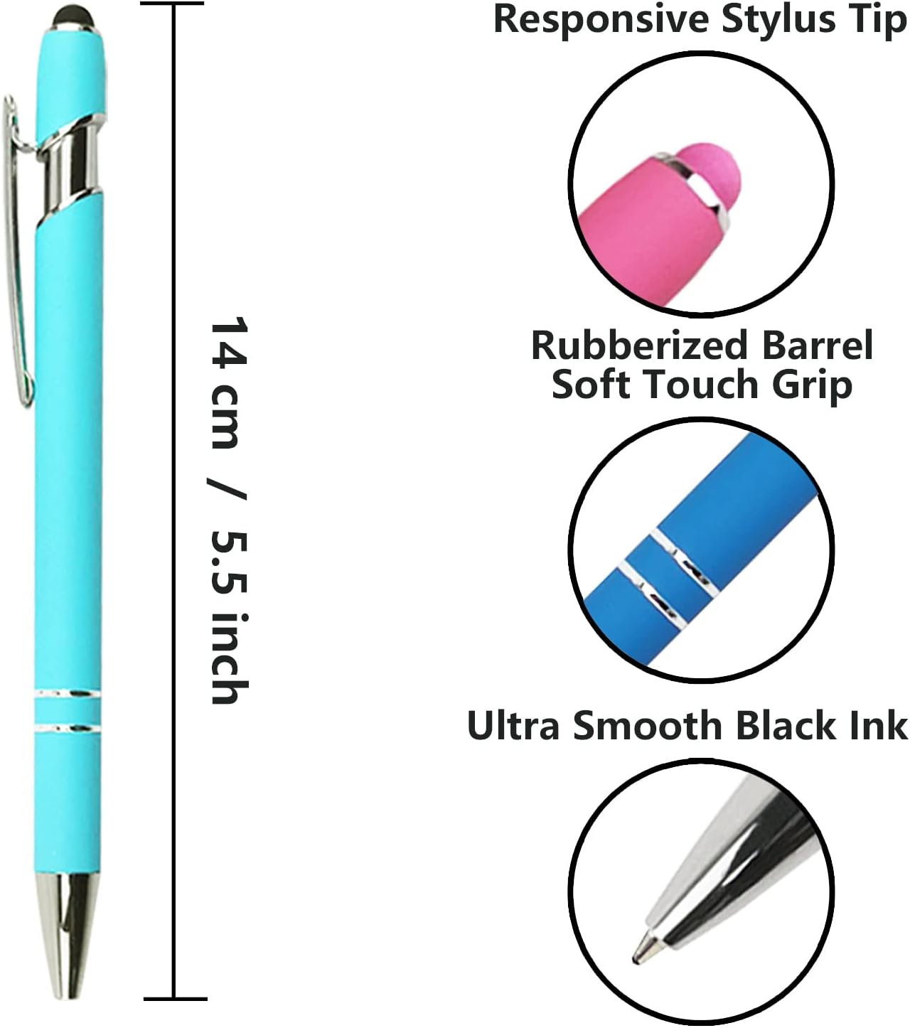 Ballpoint Pen with Stylus Tip, Soft Touch Click Metal Pen, 1.0mm Medium Point, Black Ink, 12 Count(Light Blue)