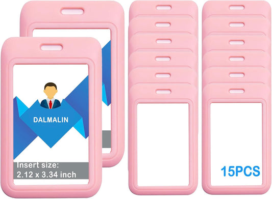15 Pack Sliding ID Badge Holder Vertical Hard Plastic Card Case Protector Pouch,for Office School ID Credit Cards Proximity Work Badge Sleeve Key Cards Driver's Licenses (Pink)