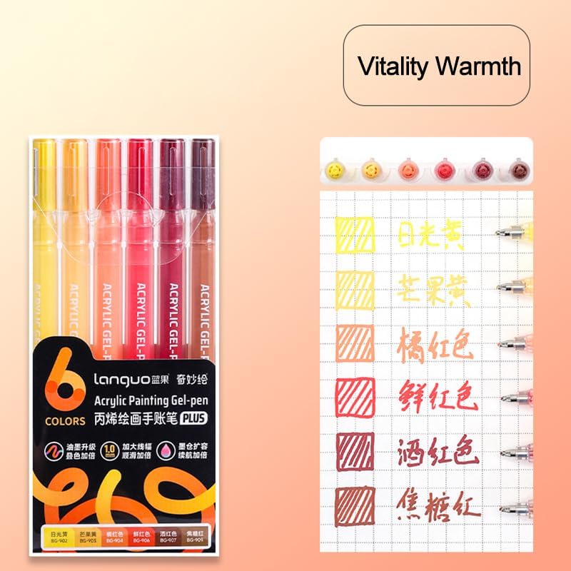 Acrylic Gel Pens for Coloring Books, Quick Dry 6 Pcs 1.0mm Fine Point Gel Marker Pen for Drawing, Journaling Art, School Supplies, Warm Color