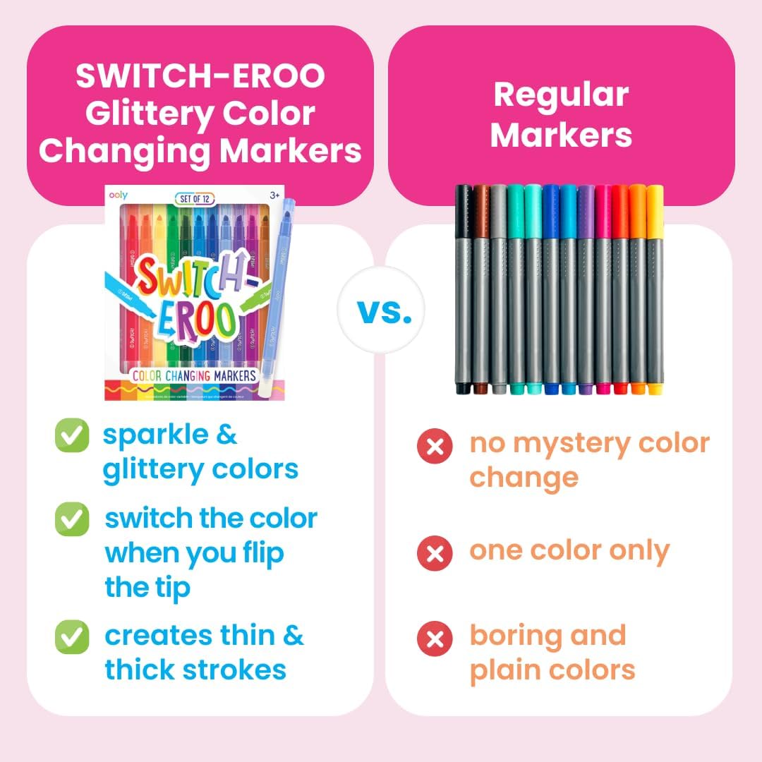 Ooly 12 Pack Sparkle Switch-eroo Color Changing Markers, Double Ended Chisel Tip Color Change Markers for Art Back to School Supplies, Drawing and Stationery Sets