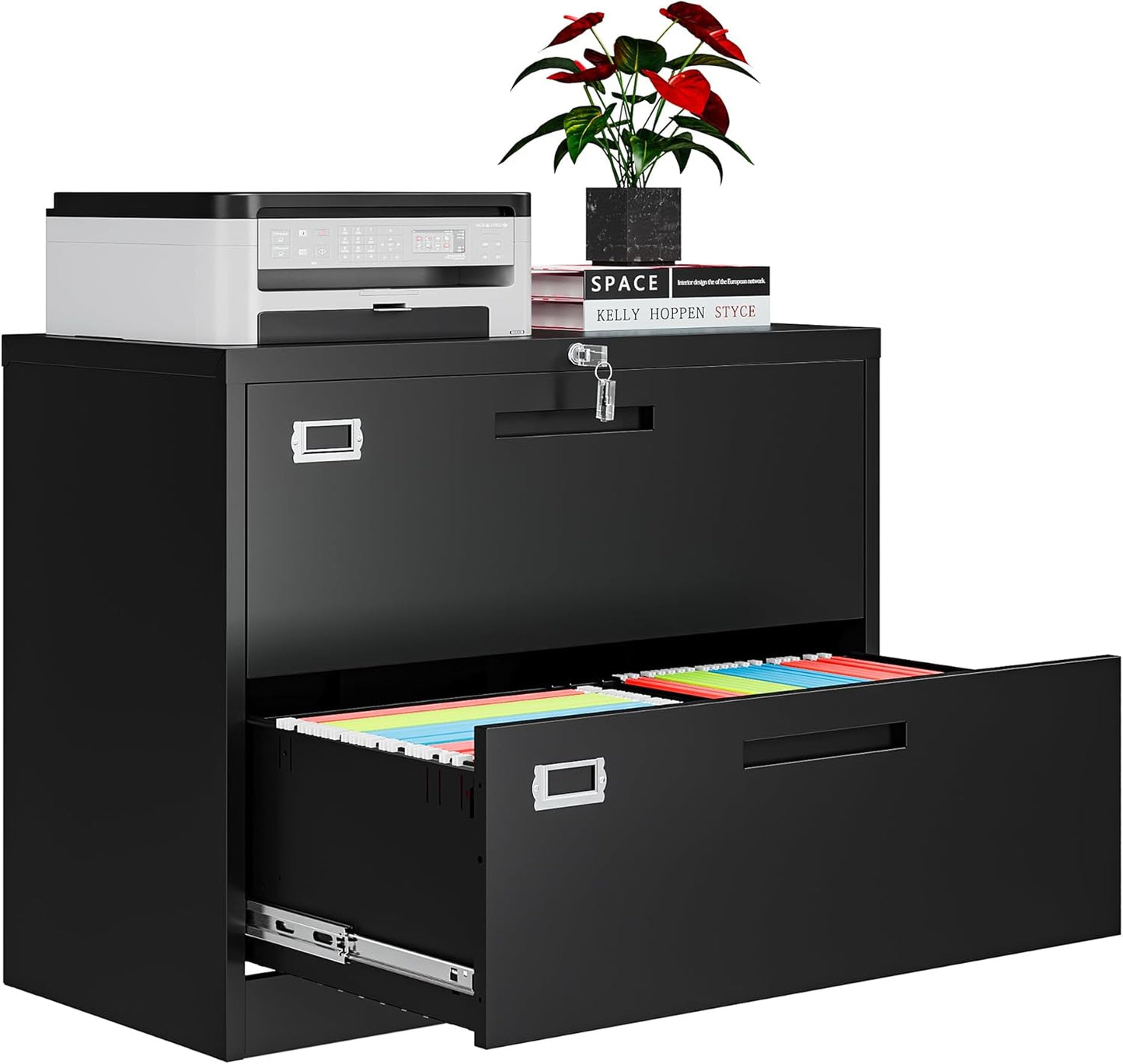 2 Drawer File Cabinets for Home Office, Metal Filing Cabinet with Lock, Black Locking File Caninet Two Drawer, Office Storage Caninets Steel Cabnet for Letter/Legal/A4/F4-Assembly Required