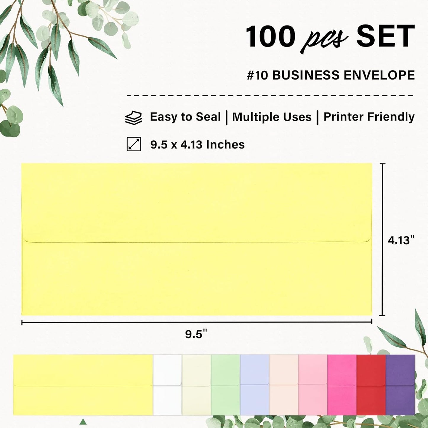 100 Pack #10 Colored Envelopes Letter Size, Colorful Business Envelopes Self Seal for Business, Invoices, Letter Mailing, Office Checks, 4 1/8 x 9 1/2 Inches