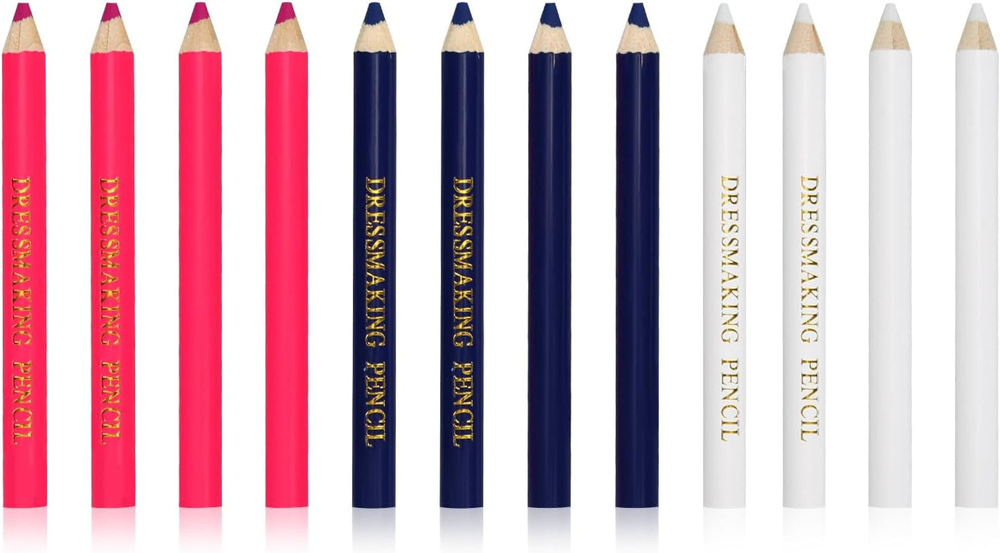 12pcs Fabric Markers for Sewing, Sewing Washable Pencil Disappearing Pen for Fabric Water Soluble Tracing Erasable Chalk Tools Tailors Dressmakers Quilting Embroidery DIY Crafts (Blue, Pink, White)