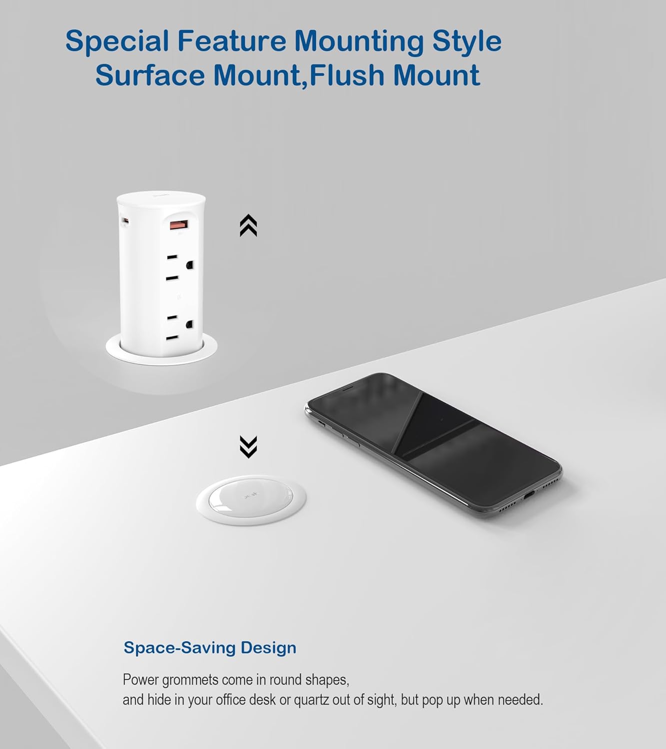 2.5 inch Hole Pop up Outlet for Countertop,20W USB C,4 USB Ports,4 Outlets 15Amp Tamper Resistant Receptacle Flush Mount,Space Saver Recessed Outlet,1875W,ETL Listed