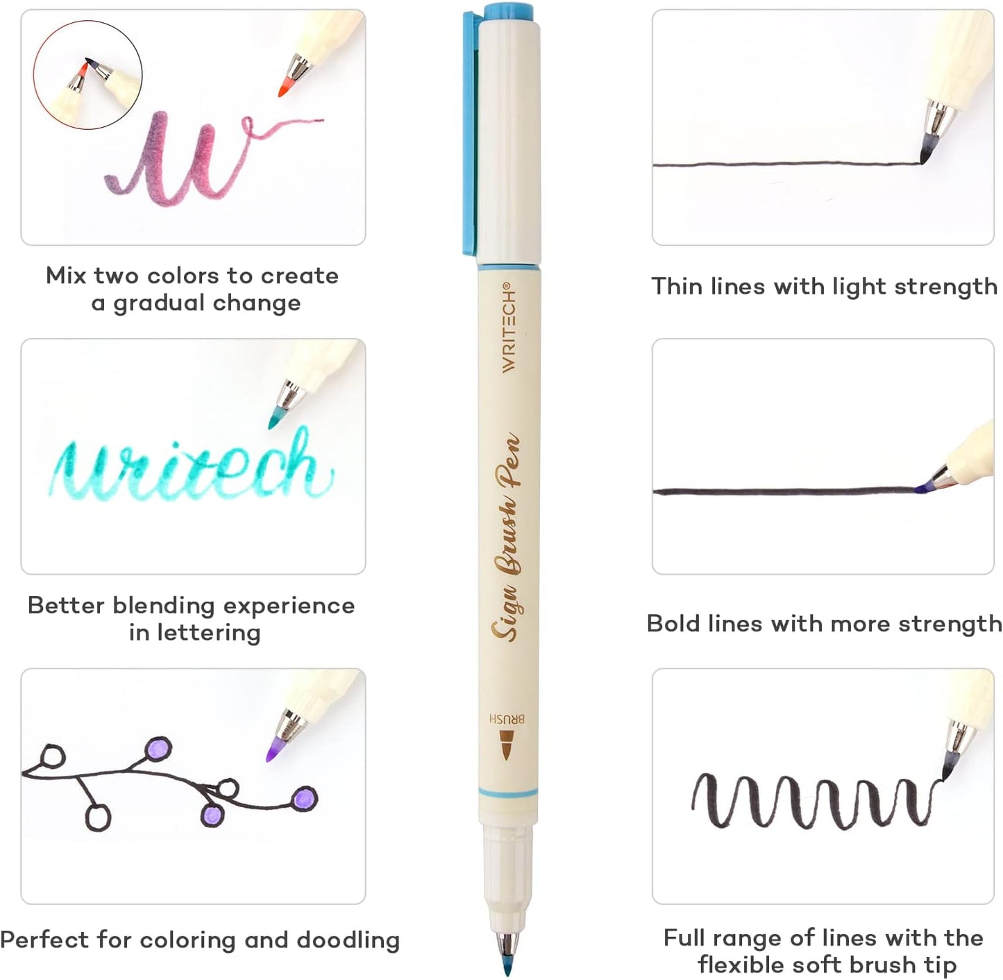 WRITECH Arts Sign Brush Pen Brush Tip Marker Felt Tip Water Based Ink Color Pens 12 Assorted Vintage Colors Great for Lettering Journaling Calligraphy (Vintage)