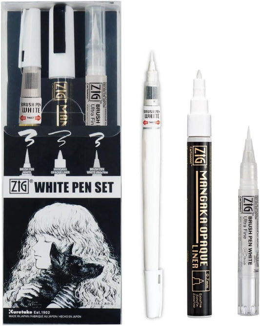 Kuretake Zig Inktober pen set, for Illustration, Manga Drawing, Lettering and Calligraphy, Professional Artist, Made in Japan (White(3pcs.))