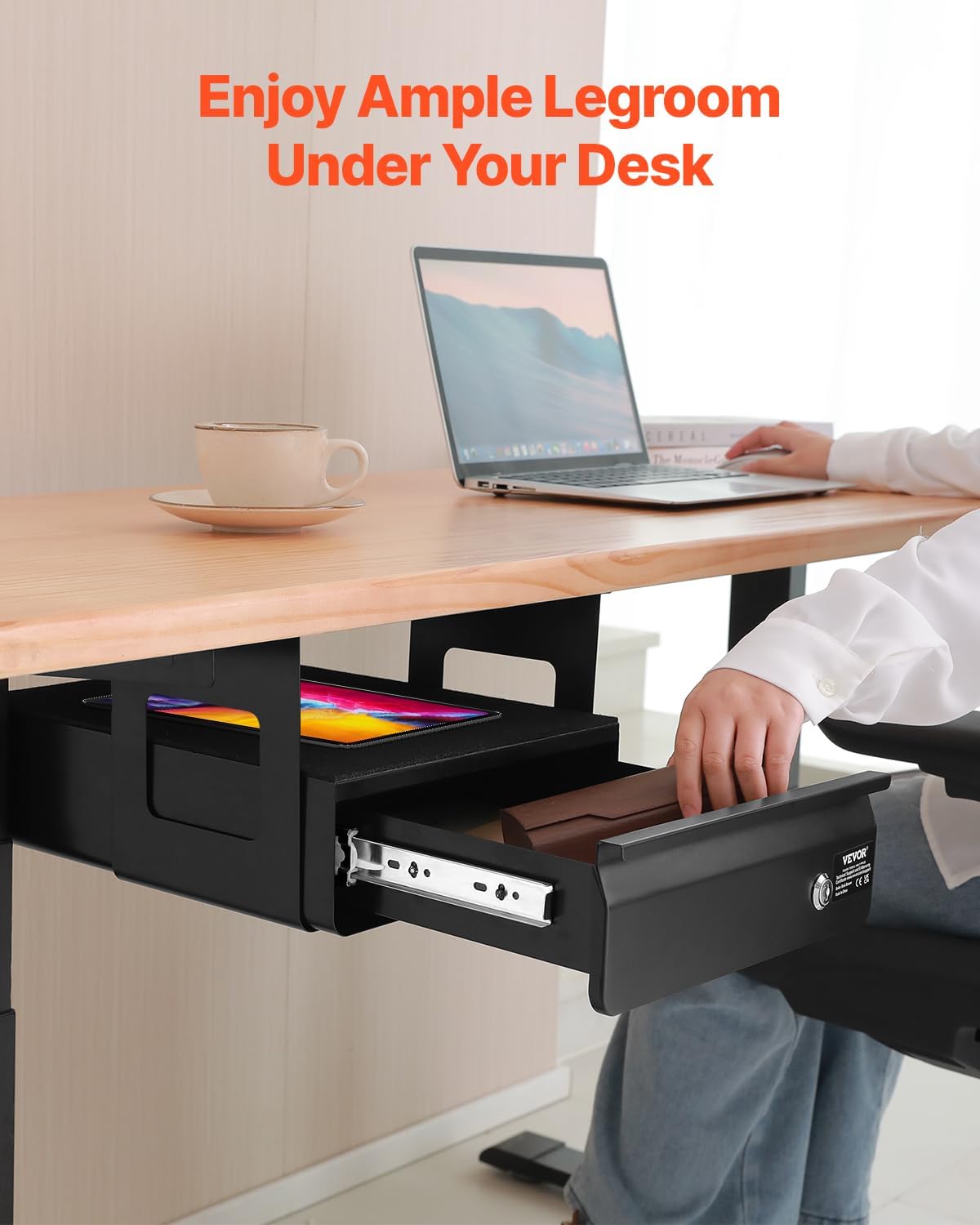 VEVOR Under Desk Lockable Slide Out Drawer, 13 inch Under Desk Pull-out Drawer for Sit Stand Workstation, Secure Under Counter Drawers for Home Office Storage Organizer, Black