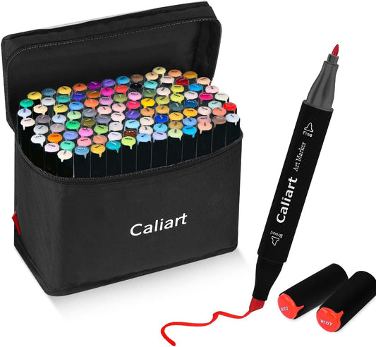 Caliart Markers, 100 Colors Dual Tip Art Markers Sketch Pens Permanent Alcohol Based, with Case for Adult Kids Halloween Drawing Sketching (Black Barrel)