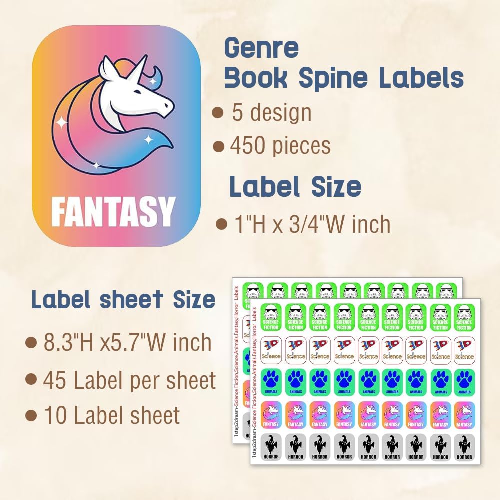Genre Book Spine Labels for Library | Classroom Library Classification Stickers 450pcs | Science Fiction,Science,Animals,Fantasy,Horror
