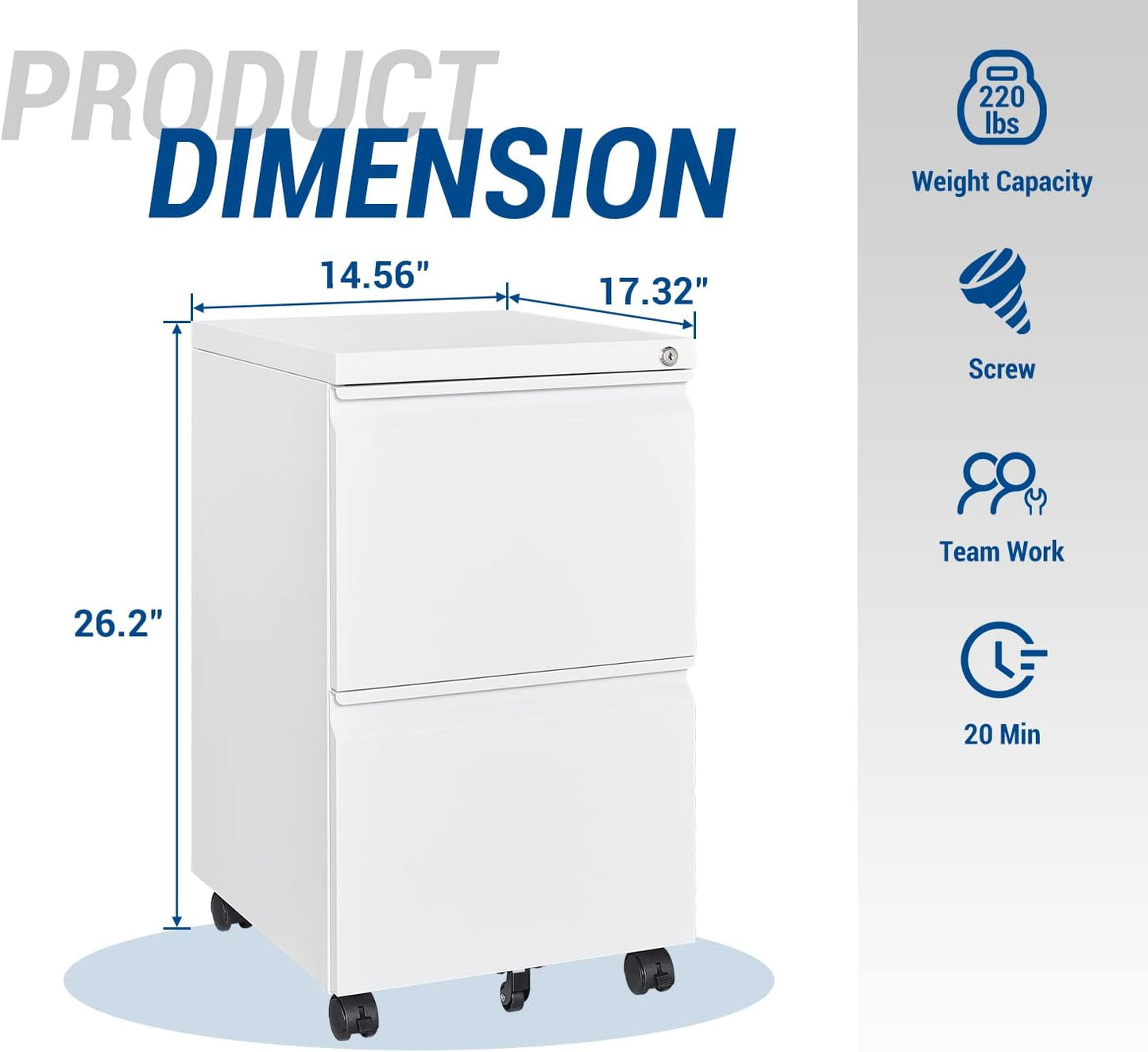 2 Drawer Vertical File Cabinet - Mobile Filling Cabinet with Lock for Legal/Letter Files - Office Storage File Cabinet with Wheels Under Desk - Assembly Required