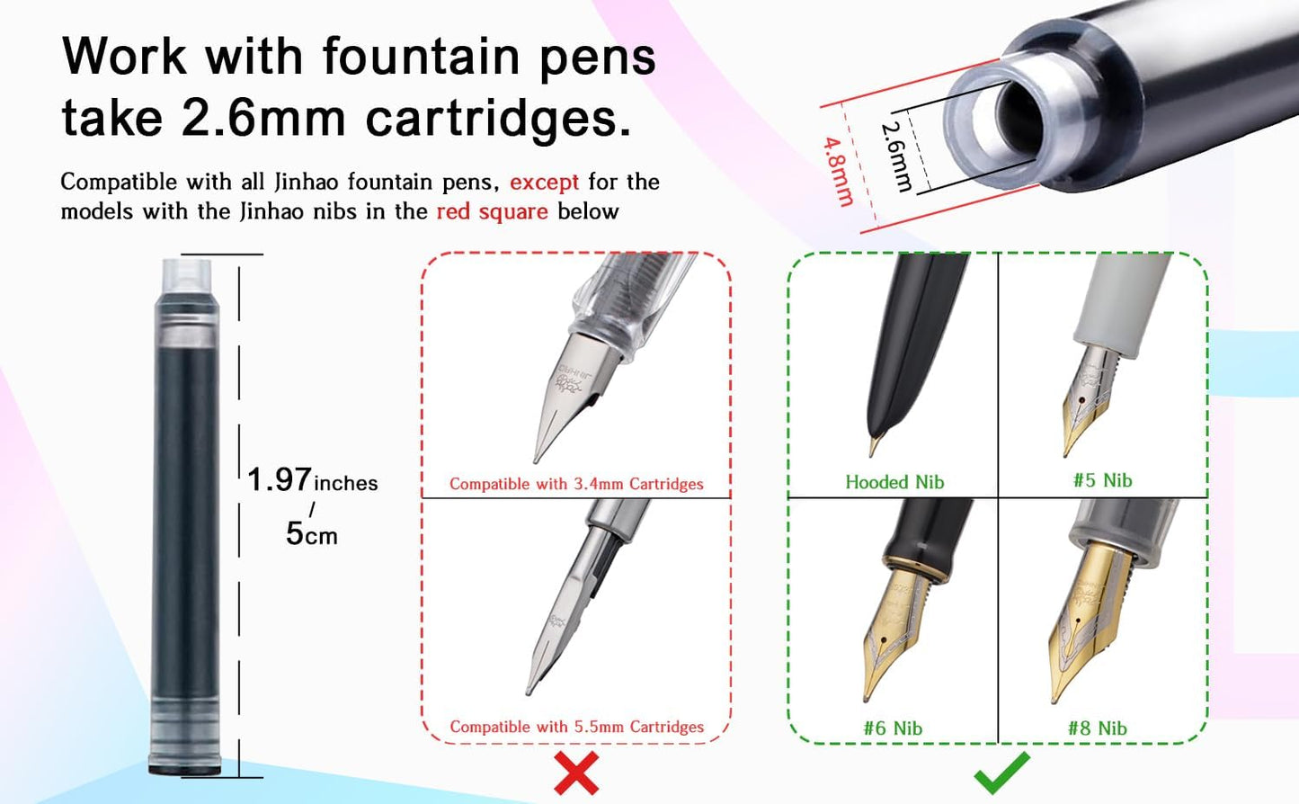 Jinhao Fountain Pen Refill Ink Cartridges, Violet Color, Set of 30 PCS, International Standard Size Disposable and Generic Ink Refill Cartridges