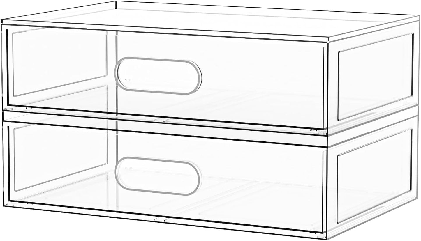 2 Pack Clear Makeup Storage Drawer, 12.1''W Stackable Bathroom Organizers and Storage Drawer, Acrylic Cosmetic Display Case For Vanity, Undersink, Cabinets, Desk Organizer