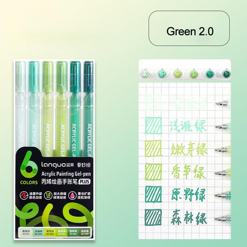 Acrylic Gel Pens for Coloring Books, Quick Dry 6 Pcs 1.0mm Fine Point Gel Marker Pen for Drawing, Journaling Art, School Supplies, Green-2