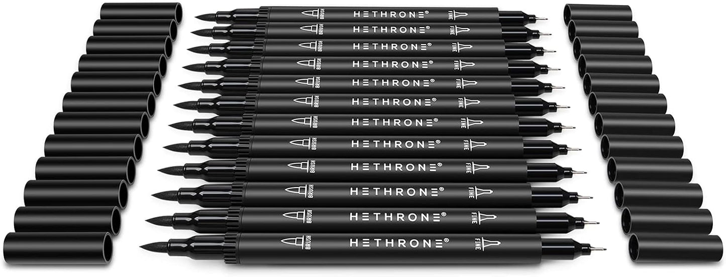 Hethrone Black Markers for Drawing - Brush Pens with Felt Tips for Artists - Calligraphy Pens, 12 Pack