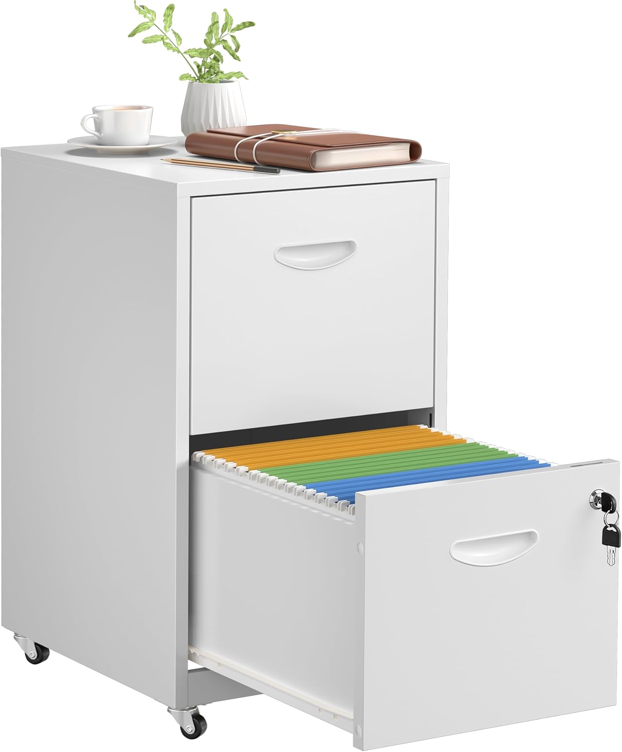 2 Drawer File Cabinet with Lock，White Rolling File Cabinet for Home Office, Metal Small Mobile Filing Cabinets on Wheels for Hanging Letter