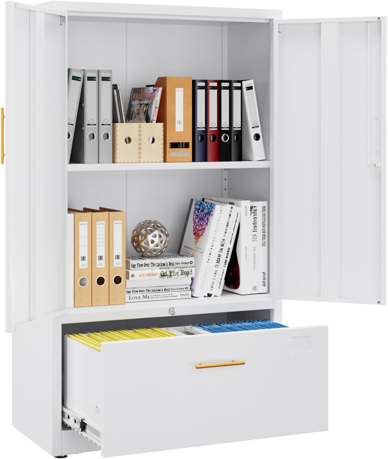 1 Drawer Lateral File Cabinet with Lock, Metal Filing Storage Cabinet with Locking Doors and Adjustable Shelf for Home, Office, School, Fits A4/Letter/Legal Size Folders, White
