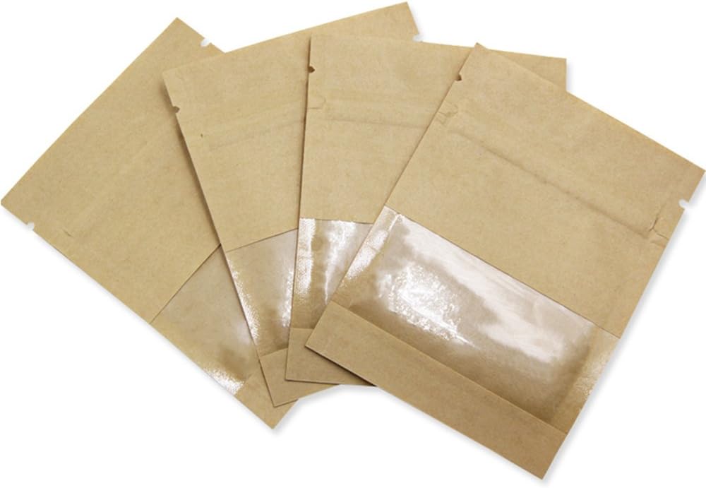 FERENLI 100 Pack 5.1x7.08 inch Small Resealable Seed Coin Envelopes Bags with Clear Window Brown Kraft Paper Heat Seal Packets for Flower Vegetable Seeds Storage Party Favor Pet Food Sample Bag