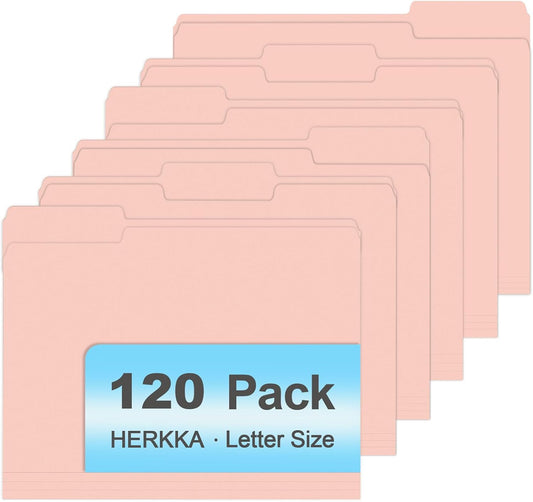 File Folder, HERKKA 120 Pack 1/3 Cut Tab File Folders, File Folders Great for Organizing and Filing, Letter Size, Pink