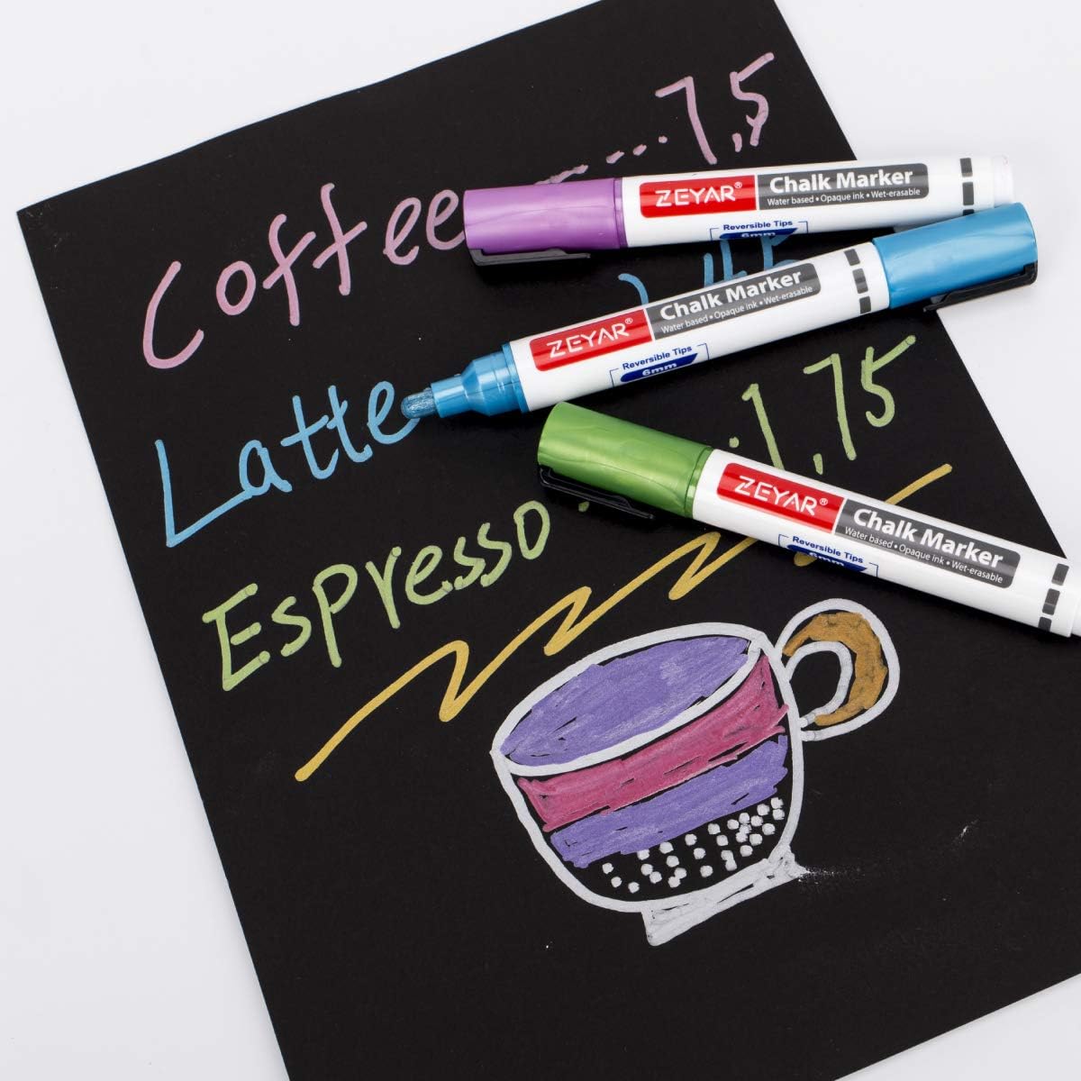 ZEYAR Liquid Chalk Marker-Wet Erase Marker, 6mm Reversible Tip-Bullet or Chisel, 8 Colors, Writes on Chalkboards, Bistro Boards, Windows and Plastic (8 Metallic Colors)