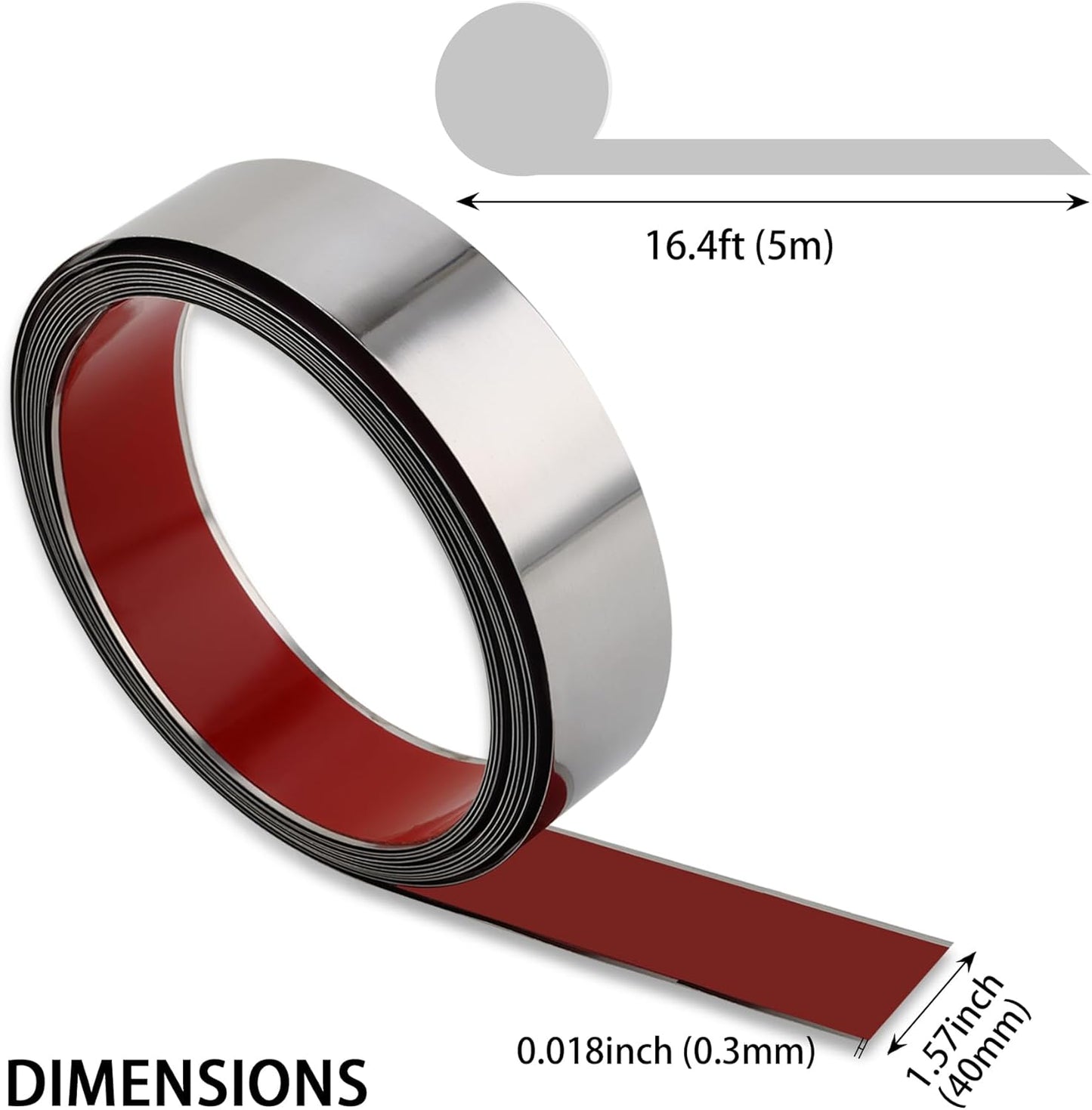 Flexible Self Adhesive Metal Strip for Magnet, Strong Peel and Stick Ferrous Tape Roll for Workshop, Office, School and Home Decoration (Shiny Silver, 16.4ft x 1.6inch)