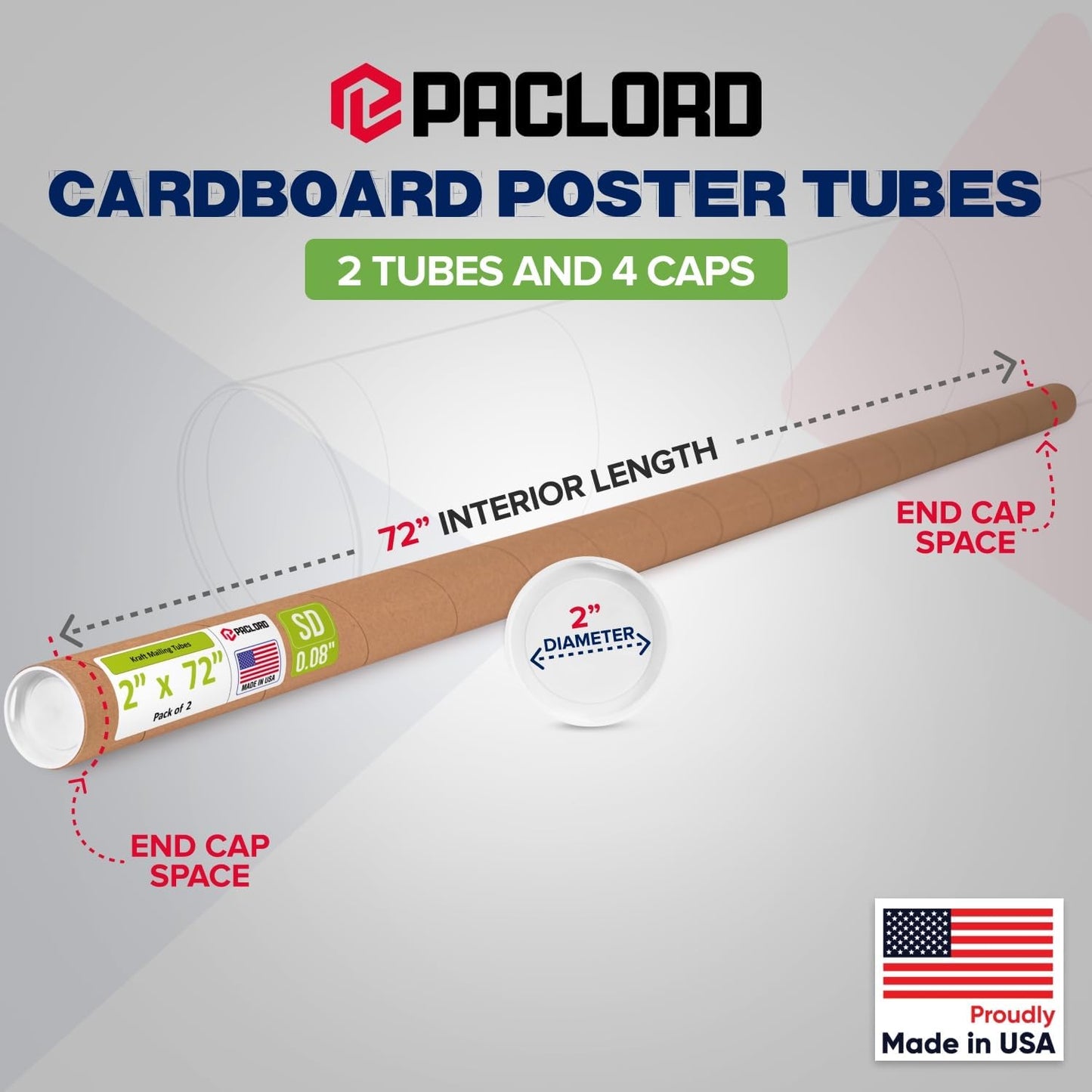 2" x 72" Reinforced Kraft Paper Mailing Tube, Pack of 2 Tubes with 4 Caps – Secure USPS Approved Poster Tube – Cardboard Tube for Shipping and Storing Posters, Prints, Artwork, or Documents