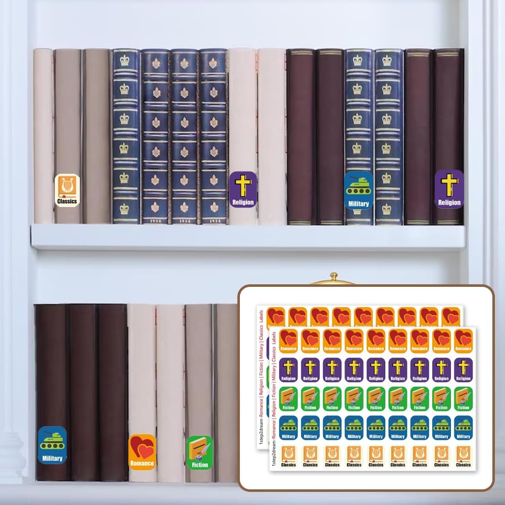 Genre Book Spine Labels for Classroom Library | 450PCS Stickers for Classroom Book Organization (Romance Religion Fiction Military Classics)