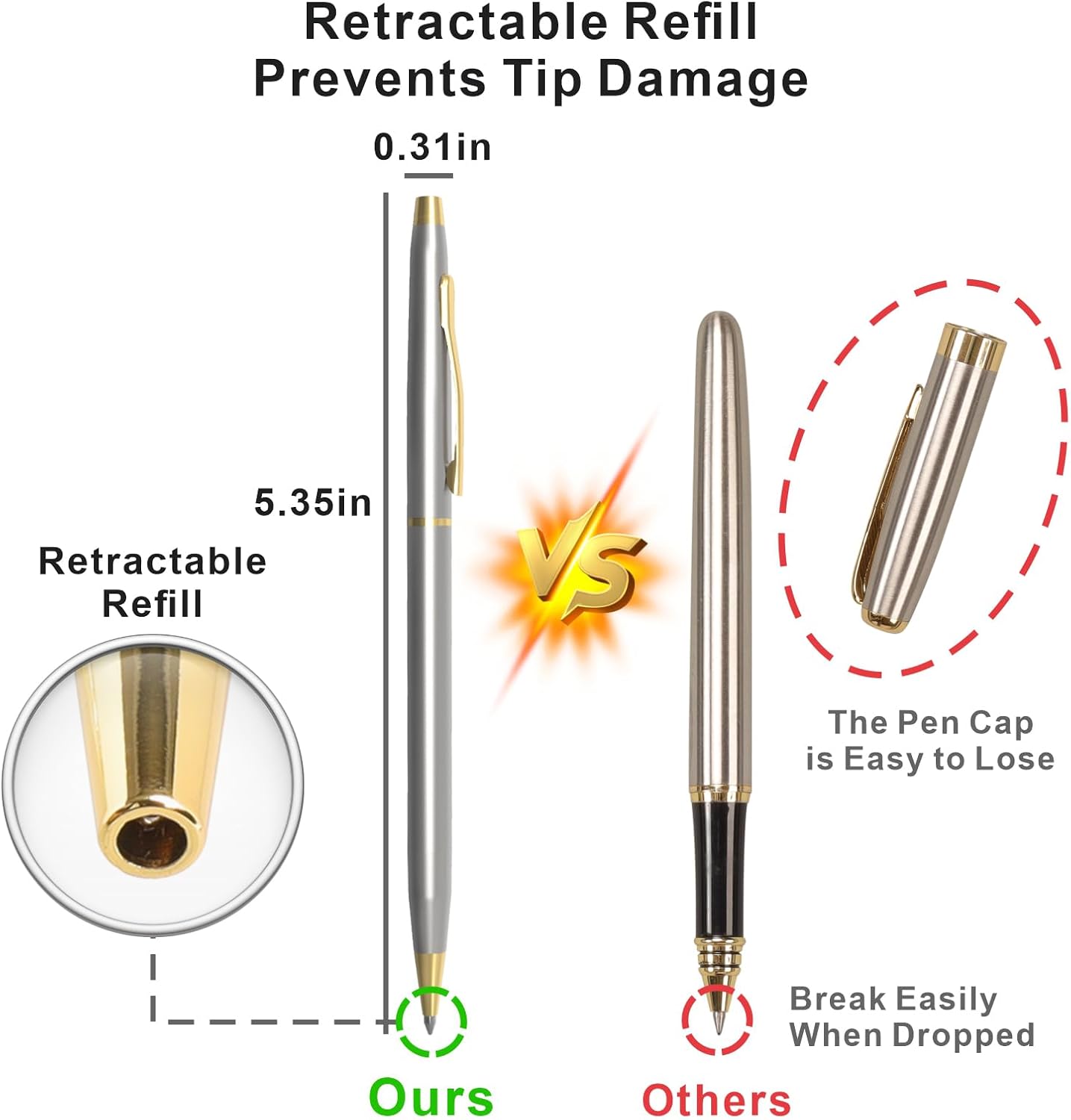 Cambond Black Pens Ballpoint Pens - Fancy Pens Comfortable Writing Gift Mini Conical Sliver Pen Slim Retractable Smooth Writing Bulk 1.0mm Medium Poin, 10 Pack (Silver)