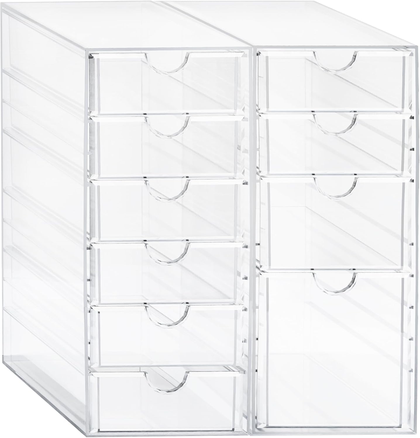 Prsildan Acrylic Drawer Makeup Organizer with 10 Drawers, Set of 2 Office Desk Organizers Accessories, Clear Stackable Storage Drawers for Vanity, Countertop, Craft, Jewelry, Art Supply Organization