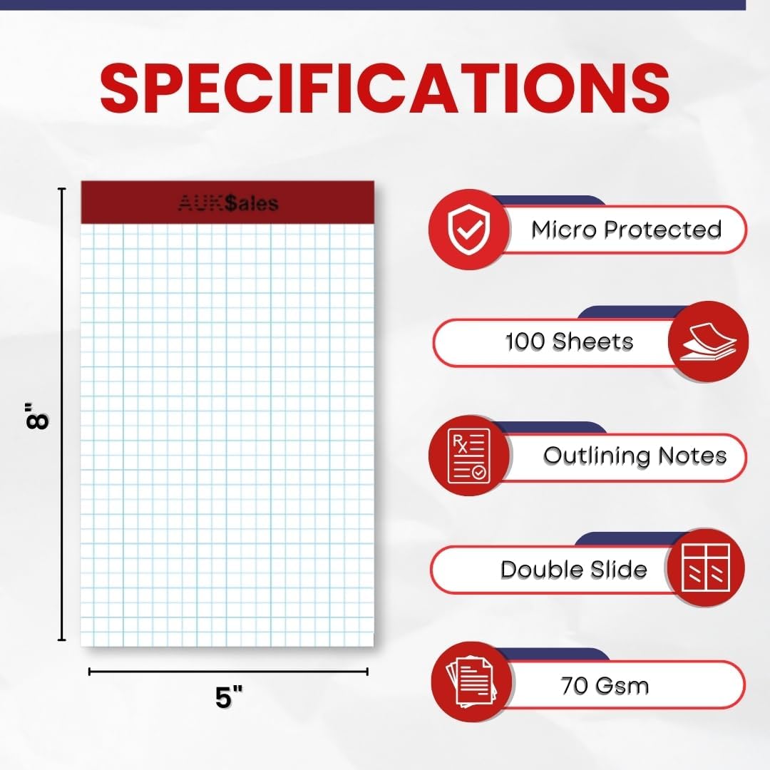 Grid Paper Pad 5x8 Inches, Graph Paper Pad 4x4, Grid Notepad, 3 Pack, 5x8 Graph Paper 1/4 Grid, Graphing Paper, Engineering Pad, 100 Sheets 200 Pages Perforated Pad for School, Home, & Office