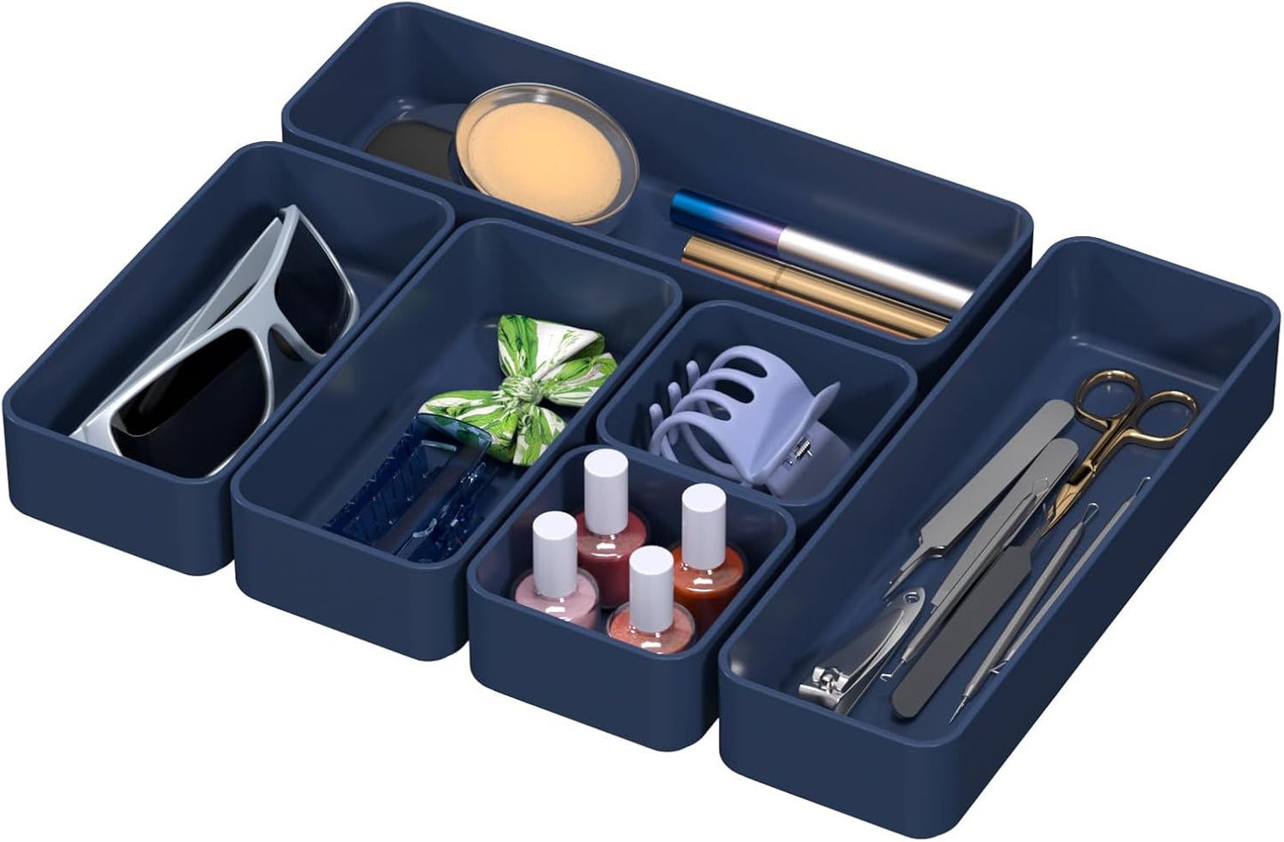 CHANCETSUI 6 PCS Stackable Drawer Organizers Set, Versatile Desk and Vanity Drawer Organizer Trays, Storage Bins for Makeup, Bathroom, Bedroom, Kitchen and Office, Blue