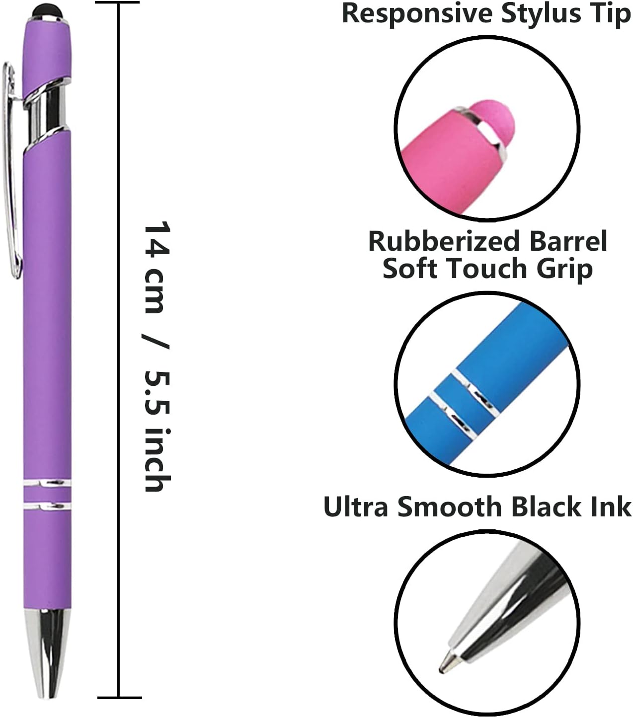 Ballpoint Pen with Stylus Tip, Soft Touch Click Metal Pen, 1.0mm Medium Point, Black Ink, 12 Count(Purple)