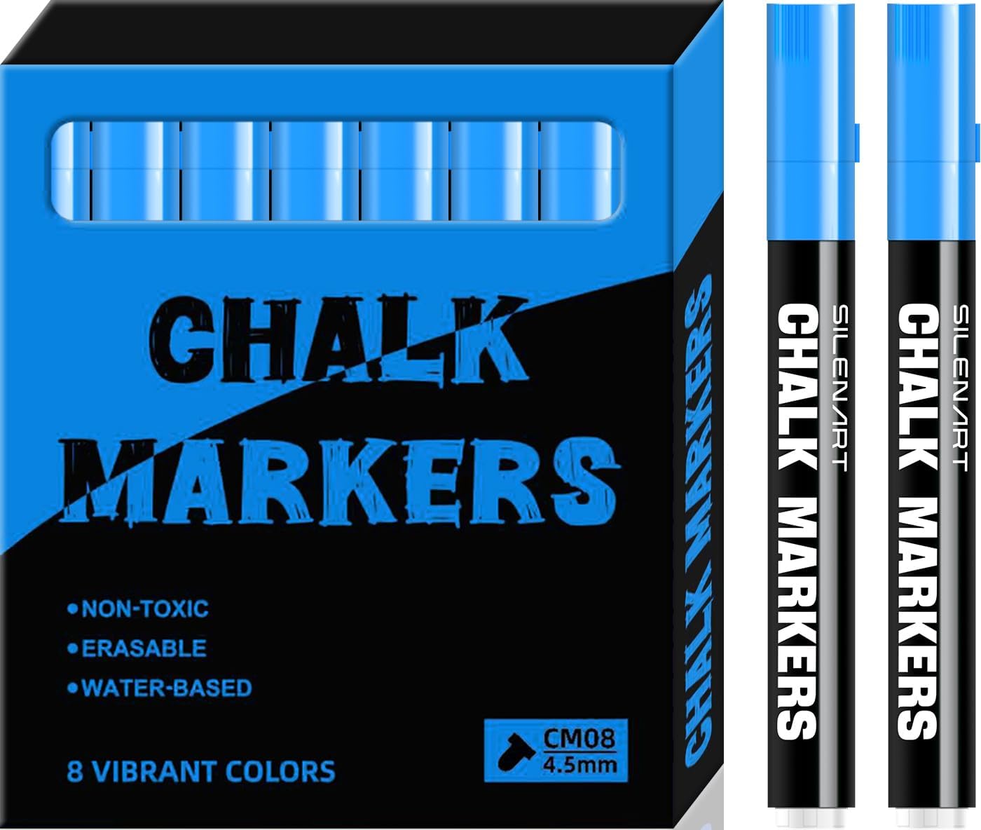 SILENART Chalk Markers - Vibrant 8 Pack - Dry Erase Markers Pen - Liquid Chalk Markers for Blackboard Chalk Board Windows Glass Acrylic Calendar Board - Erasable Chalk Marker (Blue)