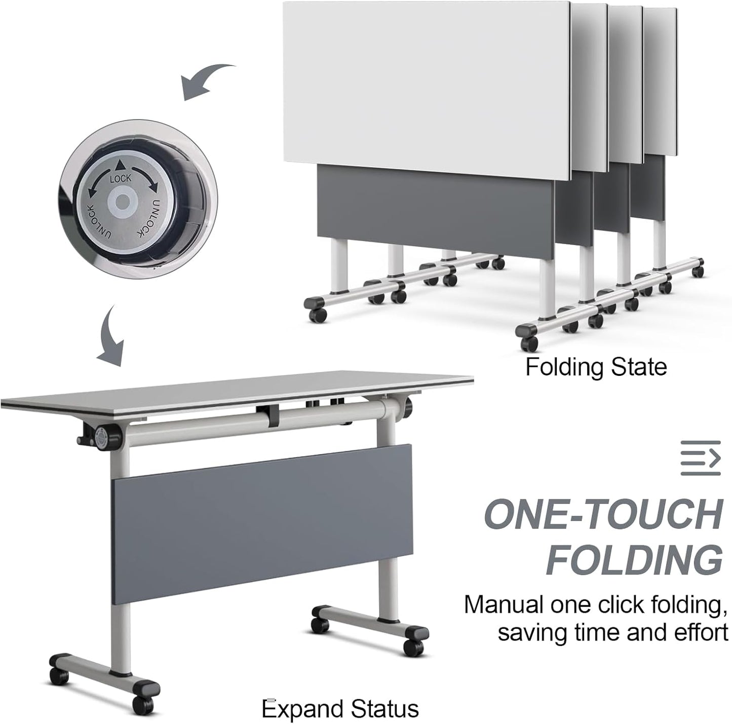 Folding Conference Table, Modern Large Conference Room Tables with Flip-Top Design, Foldable Conference Table Meeting Table with Wheels, Mobile Seminar Training Tables for Office Classroom (4, Gray)