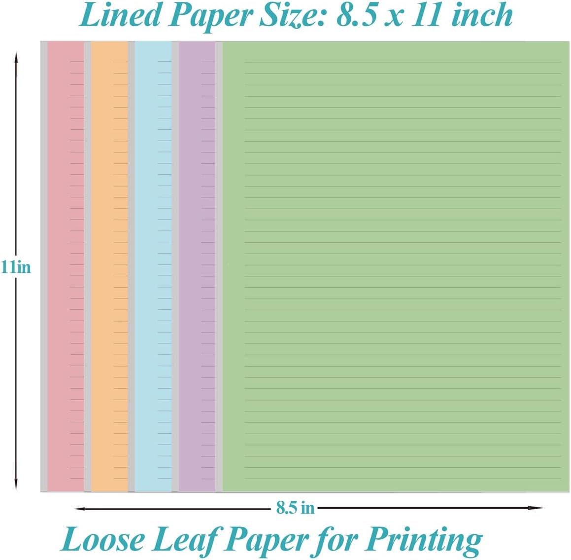 (3-Pack) Colorful Unpunched Lined Paper - 300 Sheets/600 Pages Loose Leaf Paper Line Refills, Per Color 60 Sheets, 8.5" x 11"