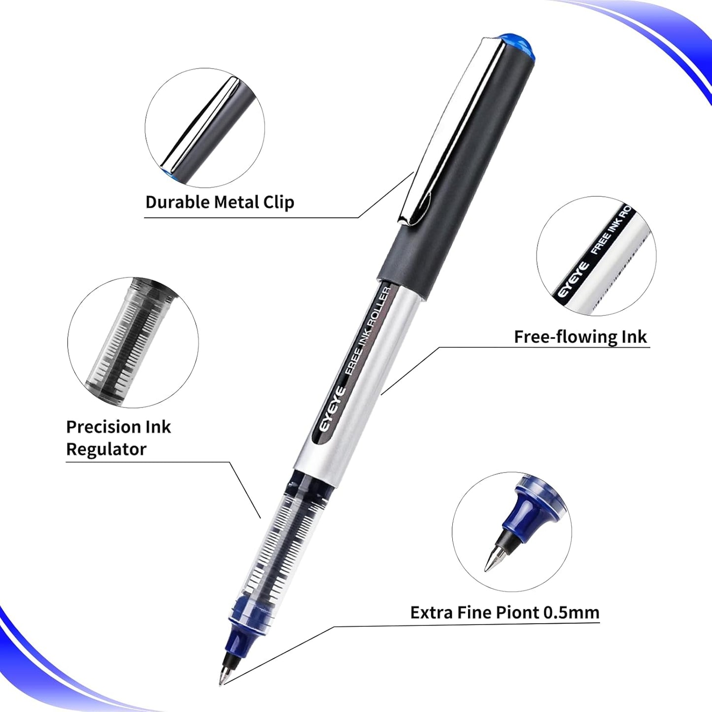 EYEYE 0.5mm Rollerball Pens Blue, 50 Pack Extra Fine Point Liquid Ink Roller Ball Pen Quick Dry, Blue Ink Pens Fine Point Smooth Writing Pen for Journaling, Note Taking, Office, School Supplies