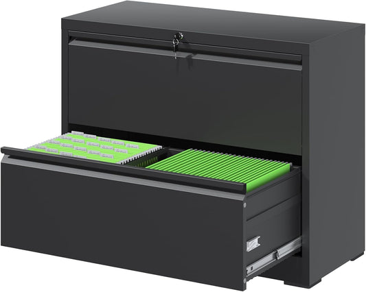 File Cabinets 2 Drawer,Metal Office Storage Filing Cabinet with Lock,Black Lateral Filing Cabinet for Home Office,Horizontal 2-Drawer File Cabinets for Legal/Letter/A4,Assembly Require,Black