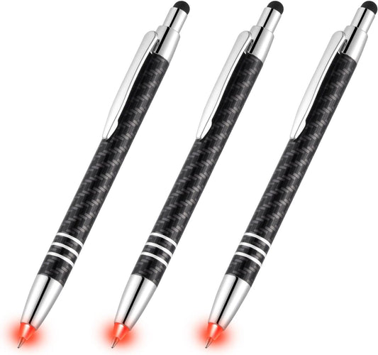 Lighted Tip Pen with Stylus 3-in-1 - LED Penlight Light Up Pen Light Ballpoint Pen with Light for Writing in the Dark - Pack of 3 - Red Light - GL006