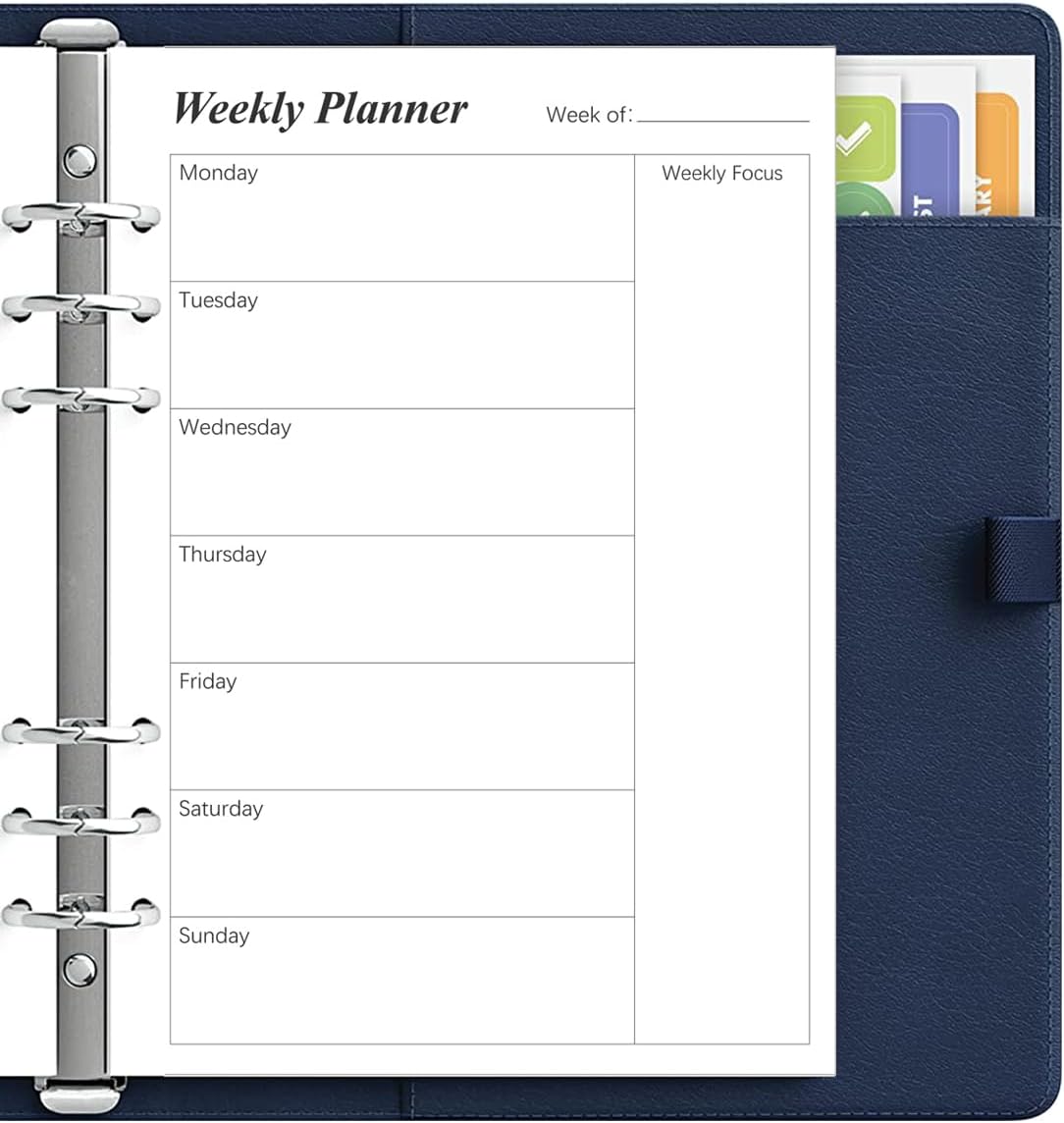 (2-Pack) Weekly Planner Refills for A5 Binders - 106 Sheets/212 Pages Undated Weekly Planner, 6-Hole Punched, 100 gsm White Paper, Lasts 1 Year, Undated, 5.8" x 8.3", Black