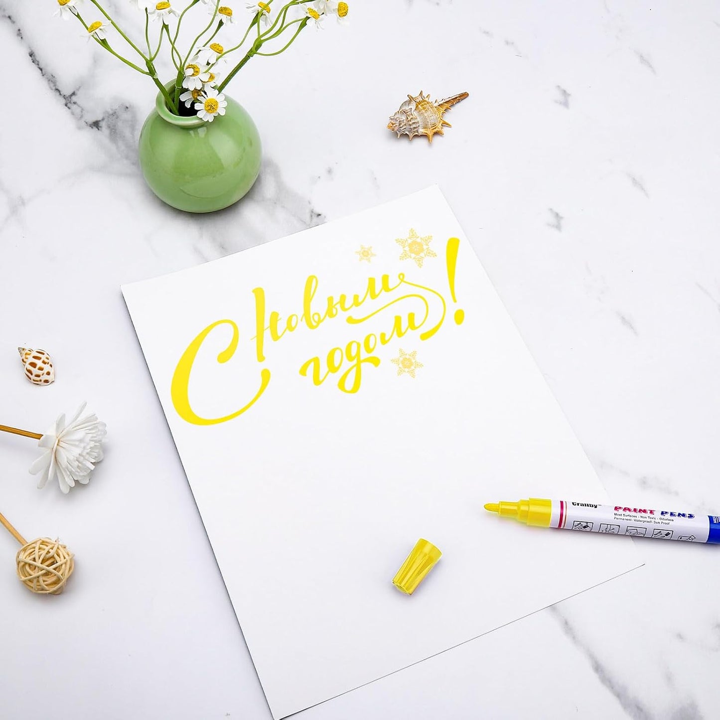 Yellow Paint Markers, 5 Pack Oil-Based Waterproof Quick Dry Permanent Paint Pen Set for Rocks Painting, Wood, Fabric, Plastic, Canvas, Glass, Mugs, Metal, Tire, Stone, DIY Craft