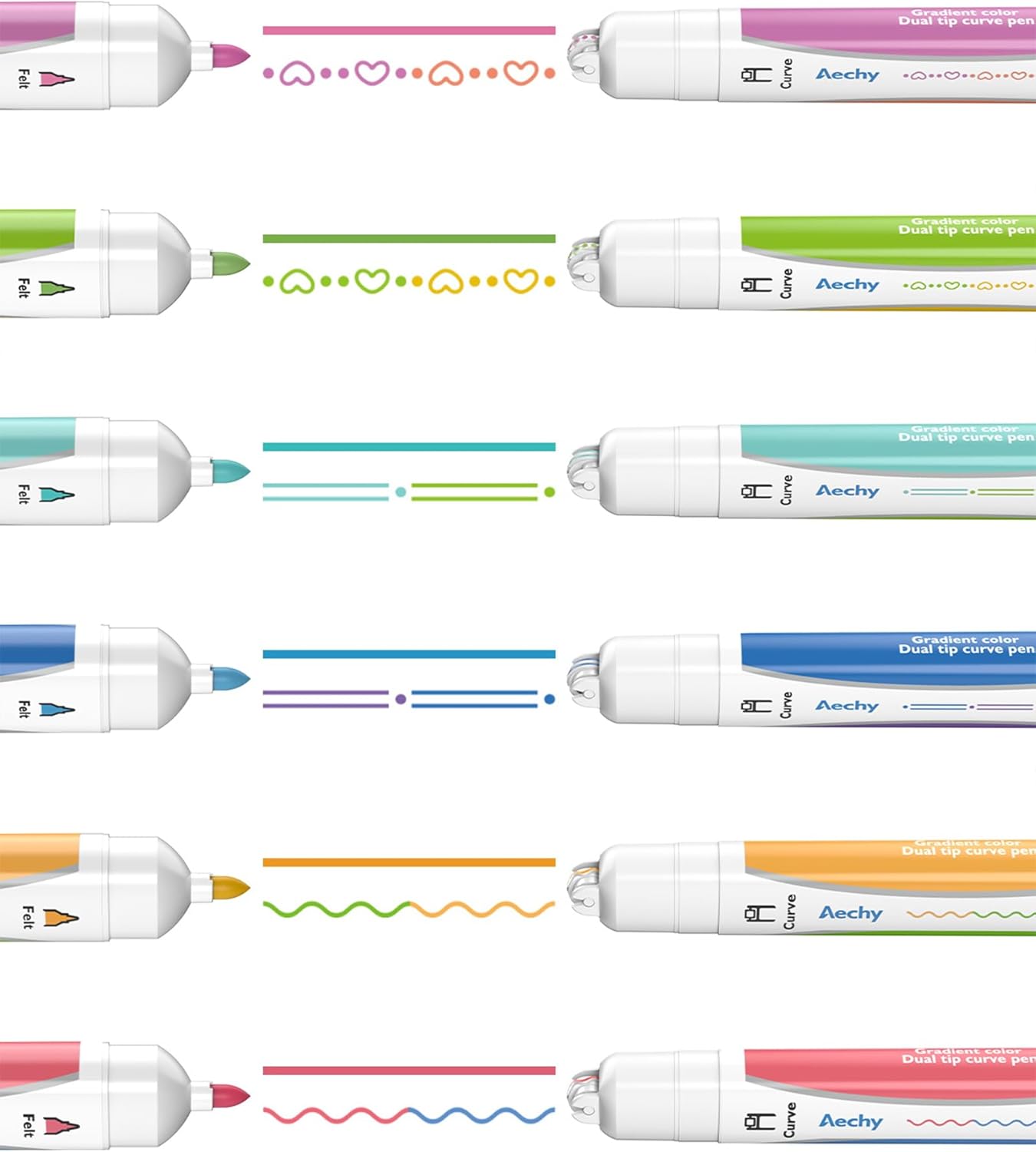 AECHY 6PCS Dual Color Highlighter Pens - 1 Stroke 2 Colors! Dual Tip Pens with 3 Curve Shapes & 6 Vibrant Colors for Note Taking, Underlining, Journaling, No Bleed Acid-Free Ink, for School,Office,Art