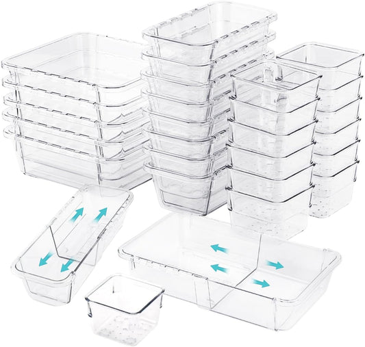 25 PCS Adjustable Desk Drawer Organizer, Acrylic Clear Drawer Organizers, 3 Size Desk Drawer Organizer for Cosmetics, Jewellery, Office, Gadgets, Kitchenware