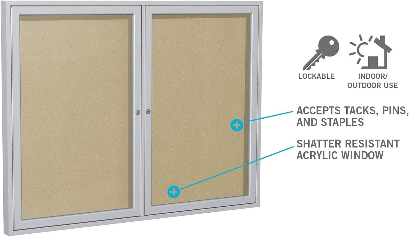 Ghent 48"x72" 2-Door Outdoor Enclosed Vinyl Bulletin Board, Shatter Resistant, with Lock, Satin Aluminum Frame - Silver (PA34872VX-193), Made in The USA