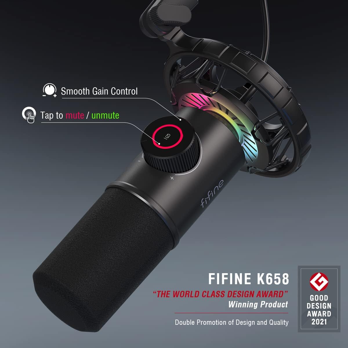 FIFINE USB Gaming Microphone, RGB Dynamic Mic for PC, with Tap-to-Mute Button, Plug & Play Cardioid Mic with Headphone Jack for Streaming, Podcast, Twitch, YouTube, Discord- K658