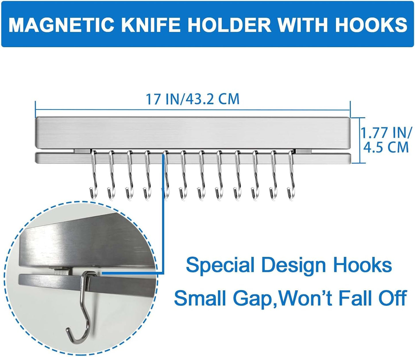 17 Inch Magnetic Knife Holder for Refrigerator with 12 Hooks - Double Sided Magnetic Knife Strip for Fridge - Premium Magnetic Knife Bar Rack - 304 Stainless Steel Kitchen Utensil Hanger