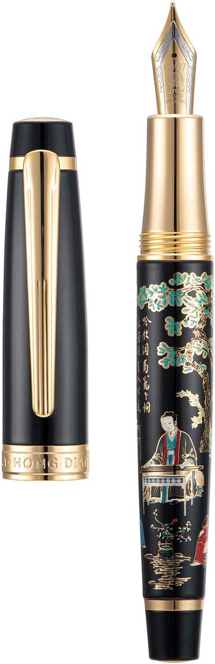 Hongdian 231 Chinese Classical Fountain Pen, Iridum Extra Fine Gold Nib with Chinese Painting Design, Smooth Writing Pen with Ink Converter and Metal Pen Box Set