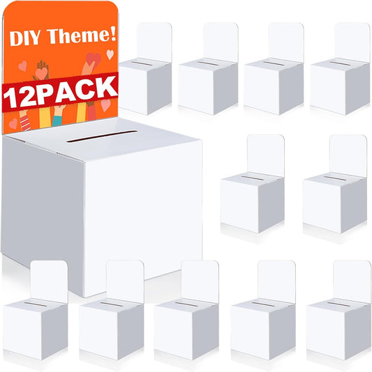 12 Pcs Ballot Boxes Suggestion Boxes Donation Box for Fundraising, Cardboard Raffle Box with Slot and Removable Header for Collecting Business Card Voting Contest (White)